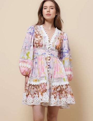 Ladies V-Neck Puff Sleeves Floral Mini Dress SKD51282