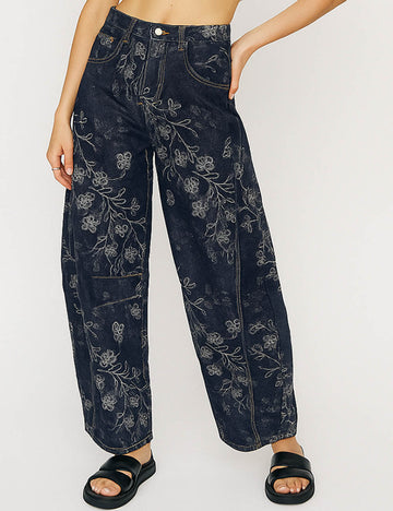 Ladies Vintage Jeans Floral Print Button Barrel Denim Pants