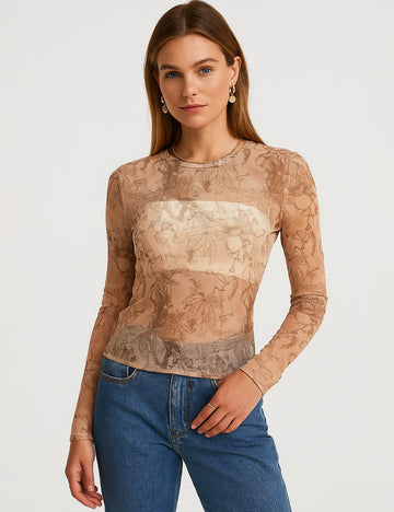 Ladies Chic Floral Print Layering See Sheer Long Sleeves Mesh Top