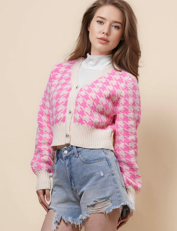Ladies Color Block V-Neck Botton Closure Cardigan SKT41061