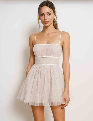 Ladies Embroidery Square Neck Sleeveless Puffy Tulle Mini Dress