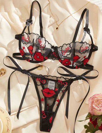 Ladies Sexy Lips Embroidery Tie Thong Panty Lingerie Set