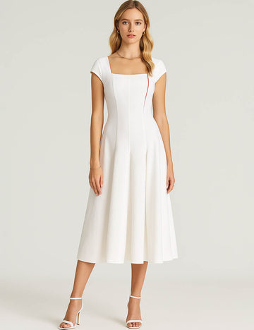 Ladies White Square Neck Cap Sleeves Midi Dress