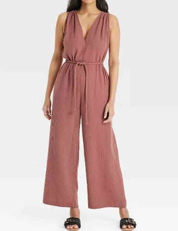 Ladies V-Neck Tie Waist Ruched Sleeveless Wide Leg Jumpsuit