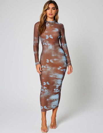 Women Color Block Butterfly Print Turtleneck Bodycon Maxi Dress