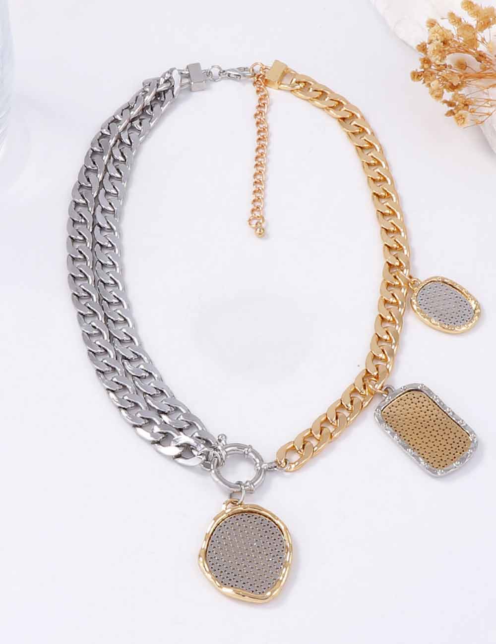 Ladies Color Block Geometric Badge Pendant Necklace