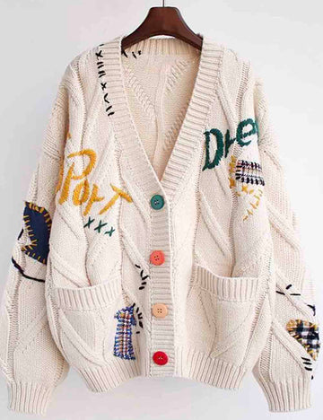 Ladies V-Neck Embroidery Sweater Button Long Sleeves Cable Knit Cardigan