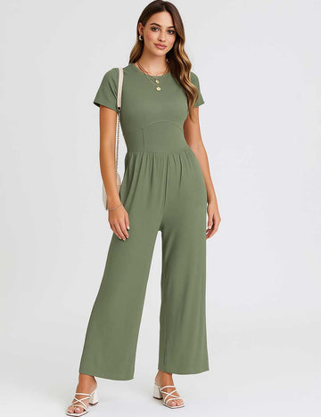 Ladies Ribbed Stretch Round Neck Wide Leg Pockets Jumpsuit