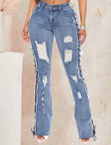 Ladies Distressed Lace Up Button Pocket Flared Denim Pants