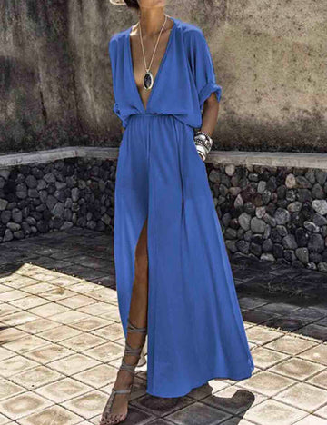 Ladies V-Neck Short Sleeves Front Split Maxi Dress SKD51213