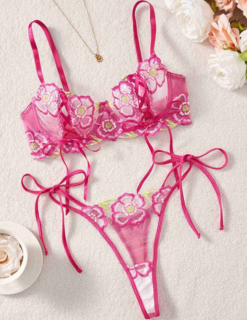 Ladies Floral Embroidery See Through 2PCS Lingerie Set 8HF6061