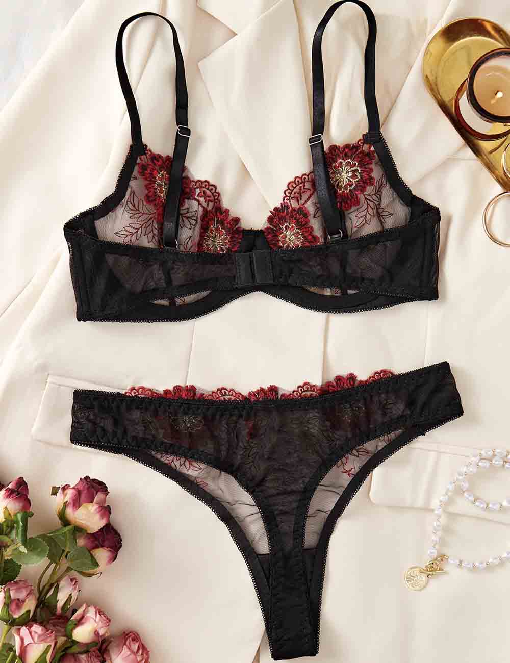 Ladies Floral Embroidery See Through 2PCS Lingerie Set 8HF4327