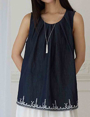 Ladies Round Neck Embroidery Sleeveless Ruched Vest