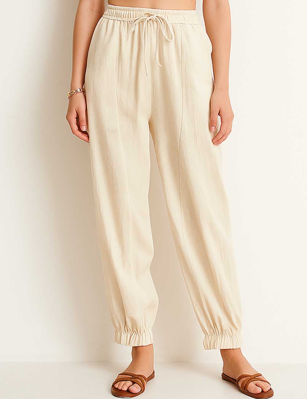 Ladies Solid Color Elastic Waist Tie Balloon Pants