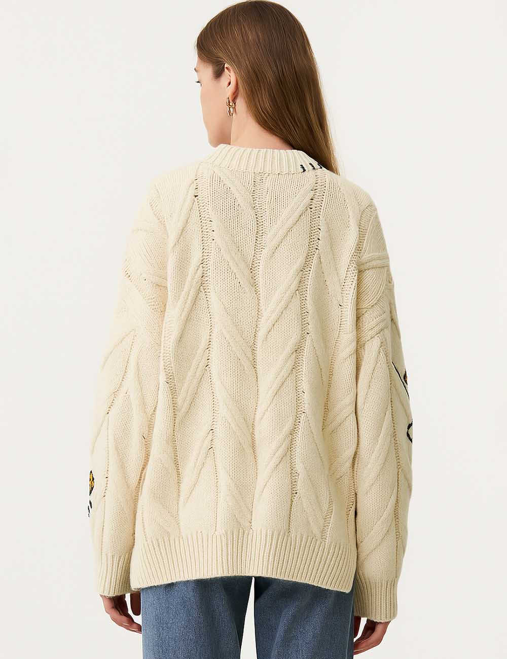 Ladies V-Neck Embroidery Sweater Button Long Sleeves Cable Knit Cardigan