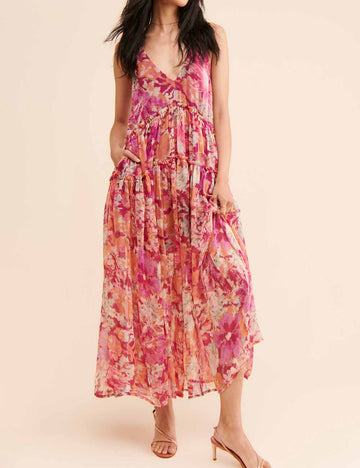 Ladies Floral Print V-Neck Sleeveless Strap Shoulder Maxi Dress