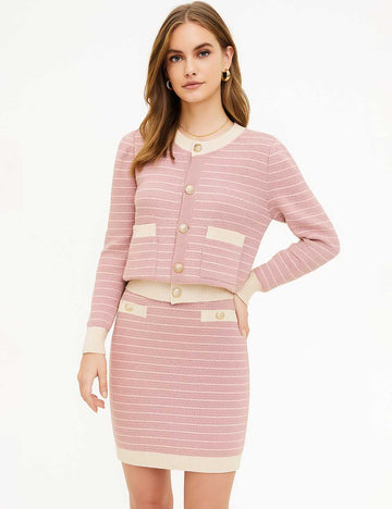 Women Color Block Stripe Sweater Mini Skirt 2PCS Set
