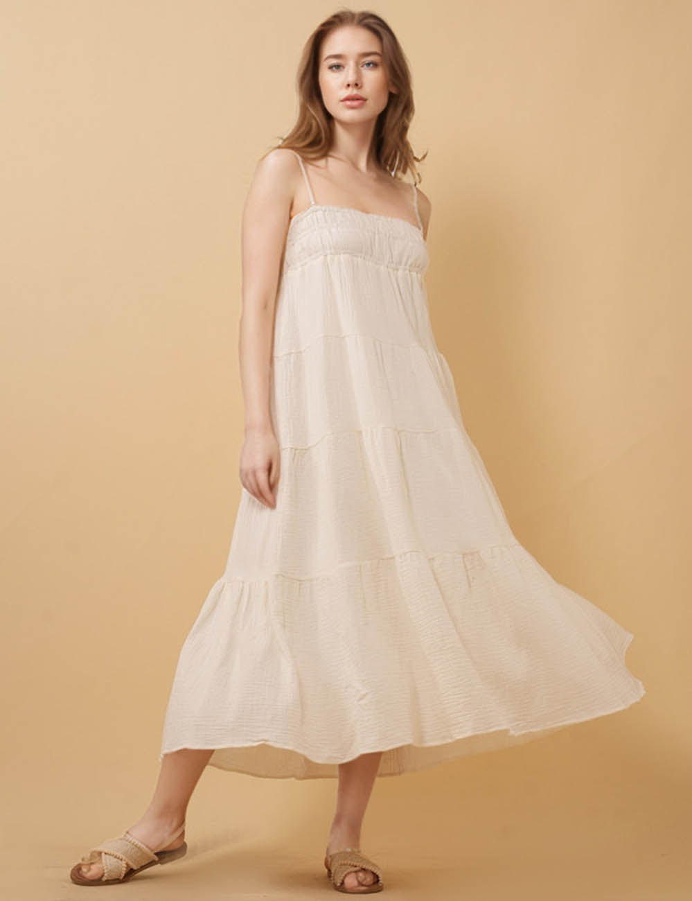 Ladies Solid Color Back Smocking Midi Dress 8SKD51109