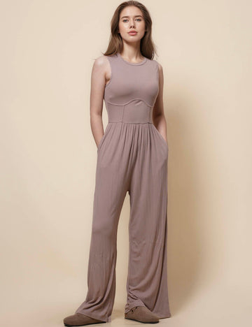 Ladies Round Neck Sleeveless Rib Jumpsuit SKJ41224