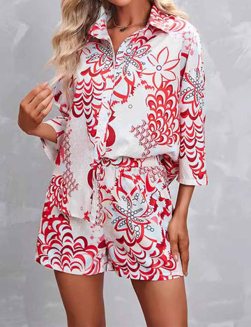 Ladies Floral Print Turndown Collar Midi Sleeves Shirt & Shorts Set