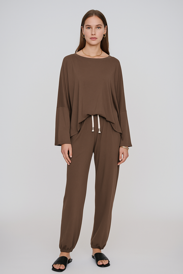 Ladies Solid Color Loose Top & Jogger Pants 2PCS Set