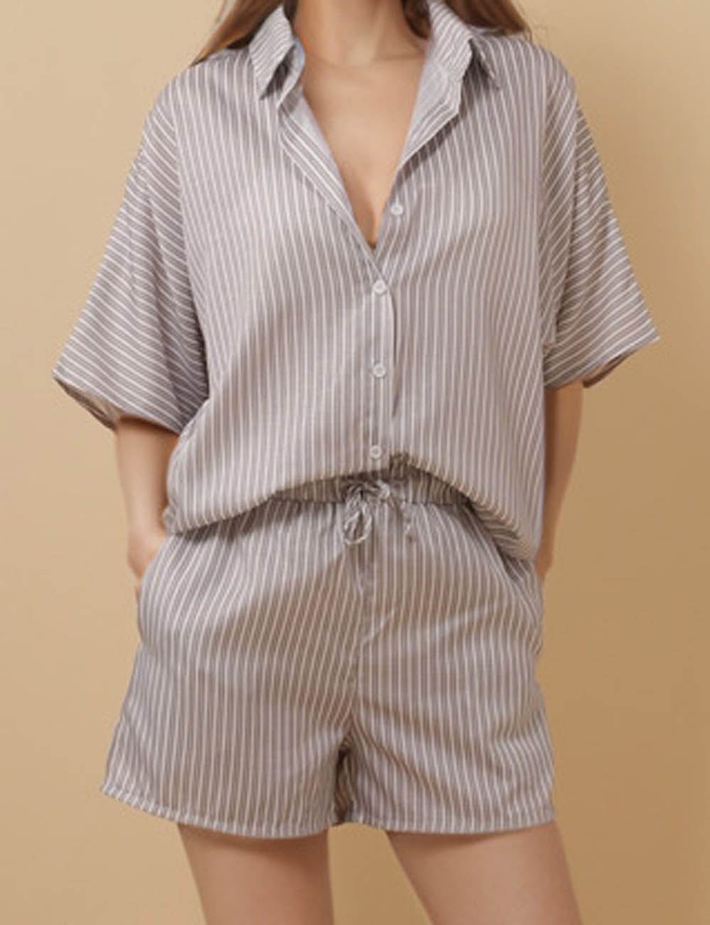 Ladies Striped Button Down Half Sleeves Top & Shorts Set 8SKST51340