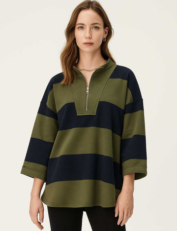 SKTX91 Ladies Zip Open Striped Pullover Sweatshirt