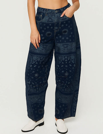 Ladies Vintage Jacquard Zip Fly Barrel Denim Pants