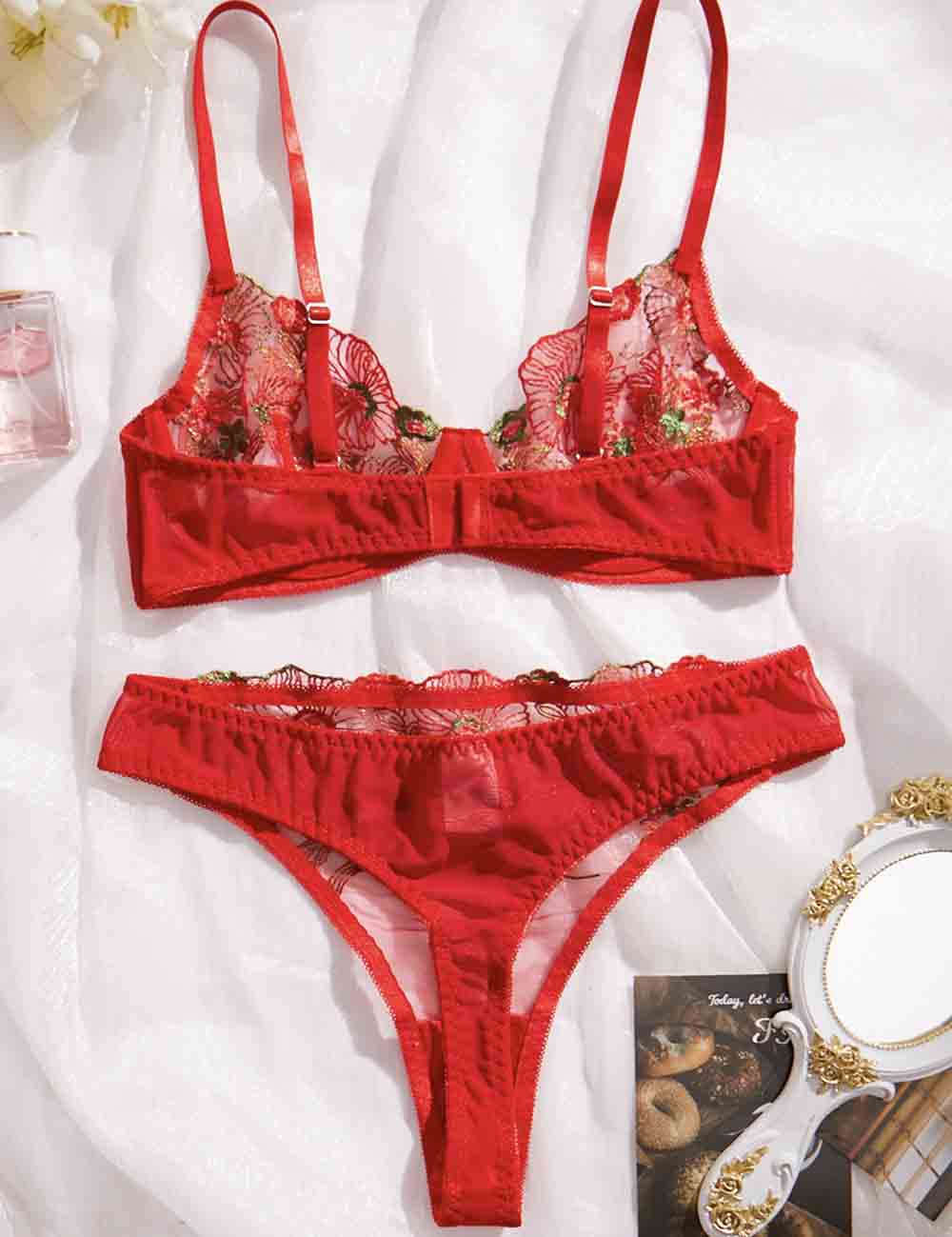 Ladies Floral Embroidery See Through 2PCS Lingerie Set 8HF4361