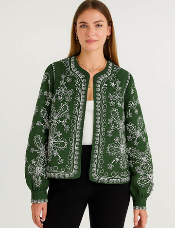 Ladies Color Block Floral Print Open Front Cotton Padded Jacket