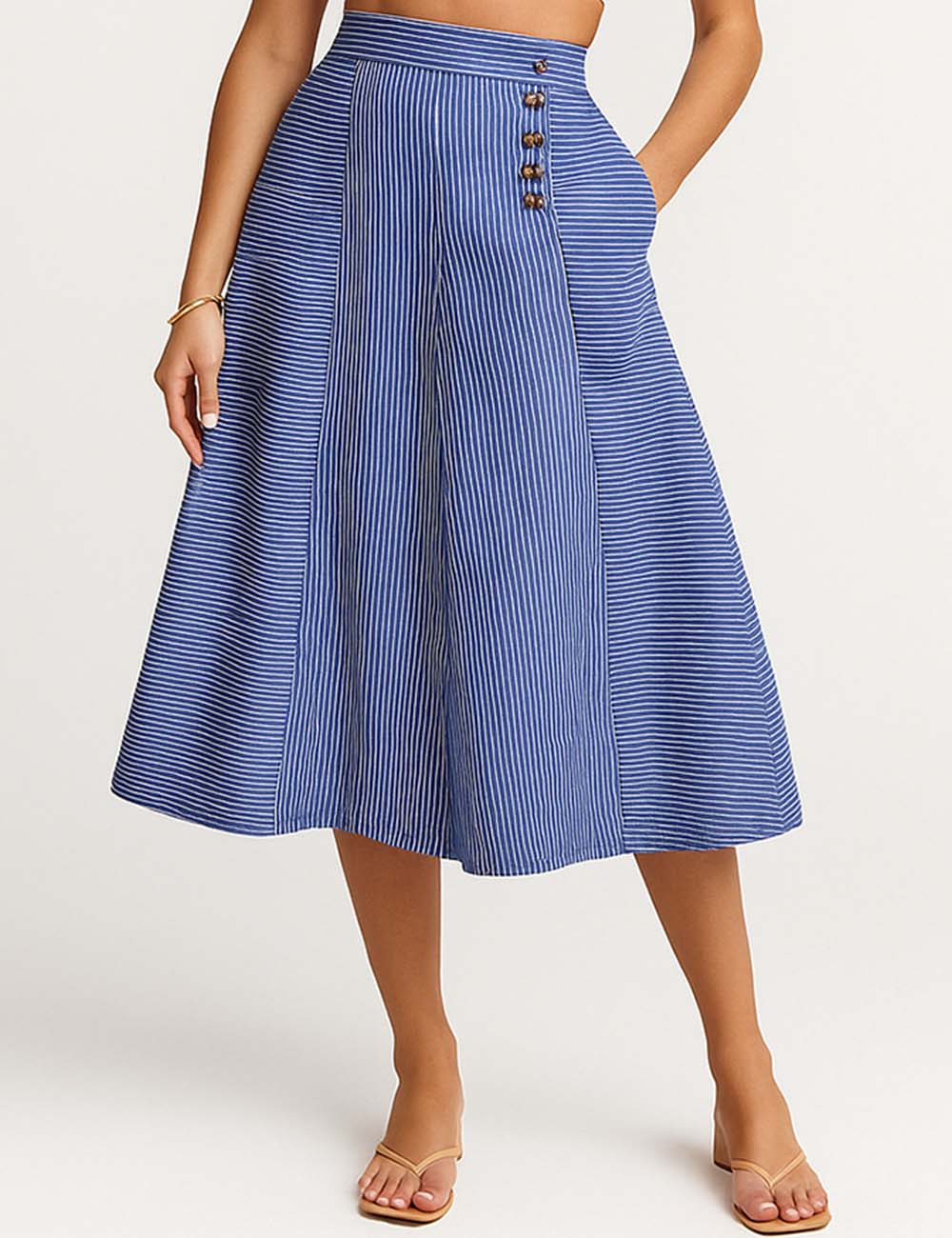 Ladies Color Block Striped Button Closure Wide Leg Pants