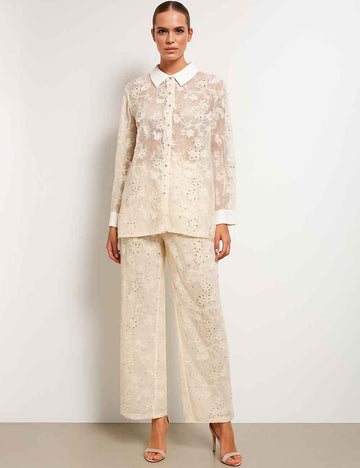 Ladies Embroidery See Through Sequins Beading Shirt & Pants Set