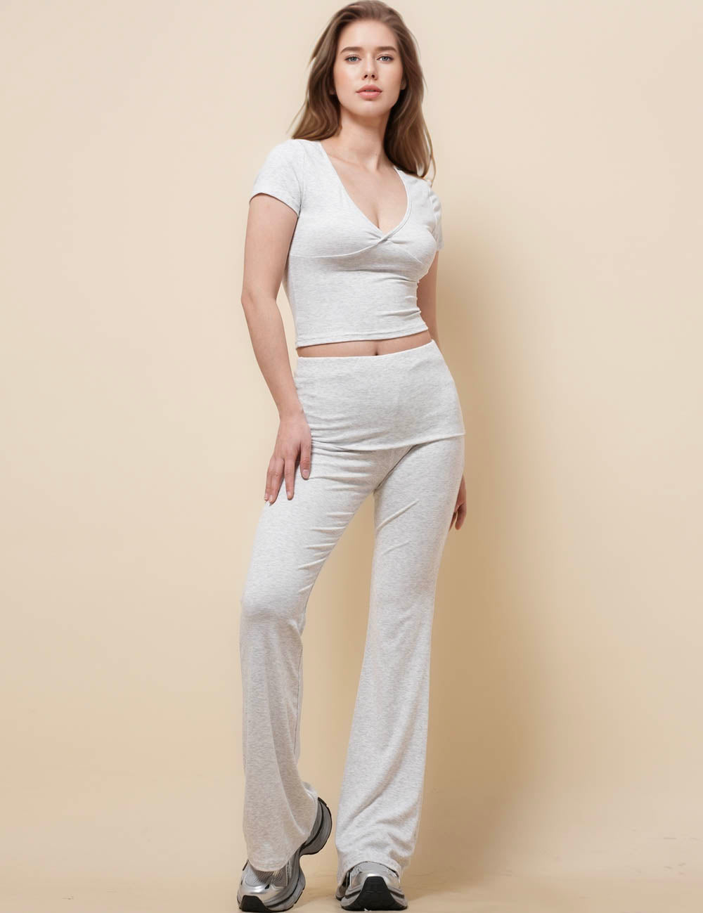 Ladies V-Neck Short Sleeves Knit Top & Pants Set SKST51091