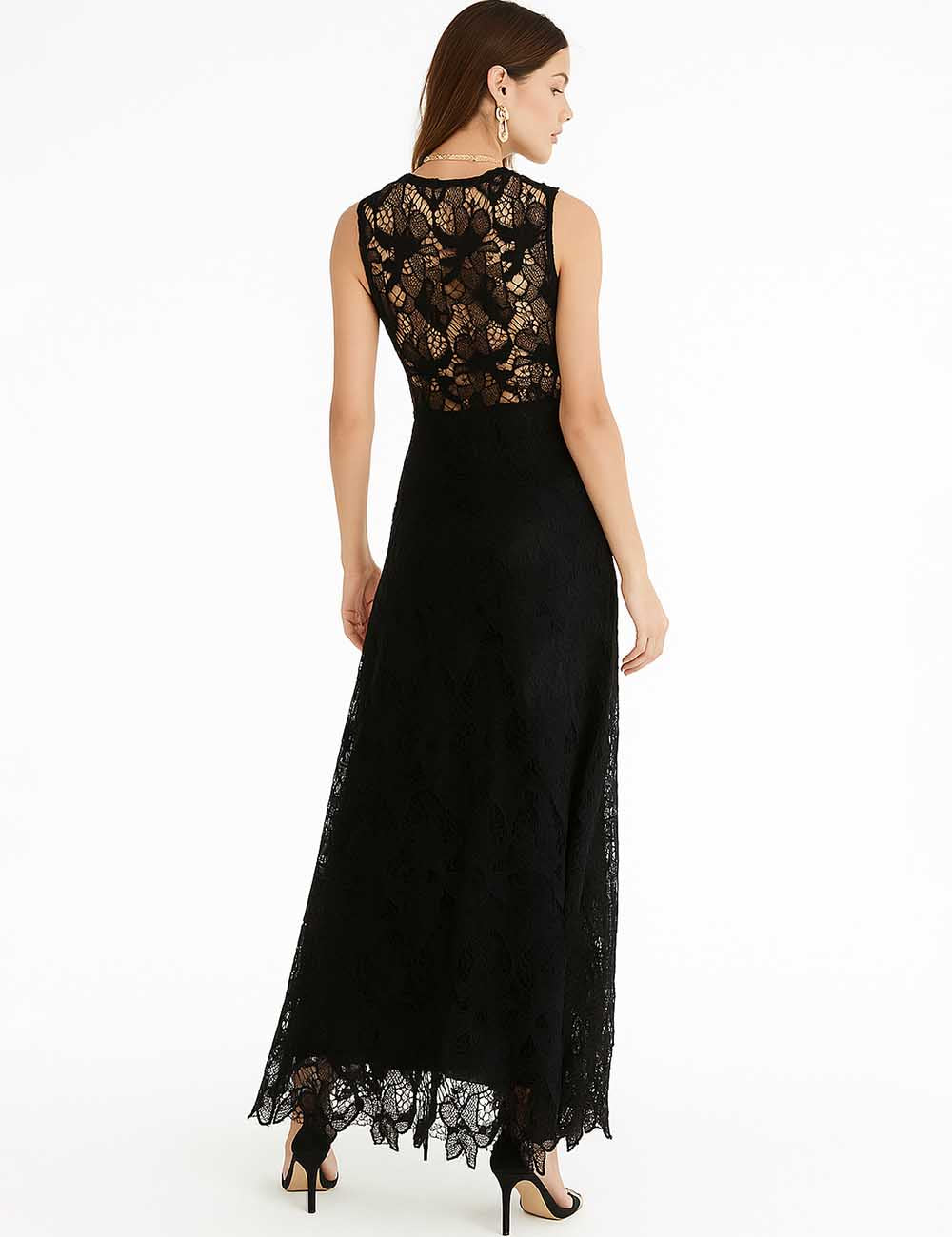Ladies Lace Sheer Cut-Out  Round Neck Sleeves Maxi Dress