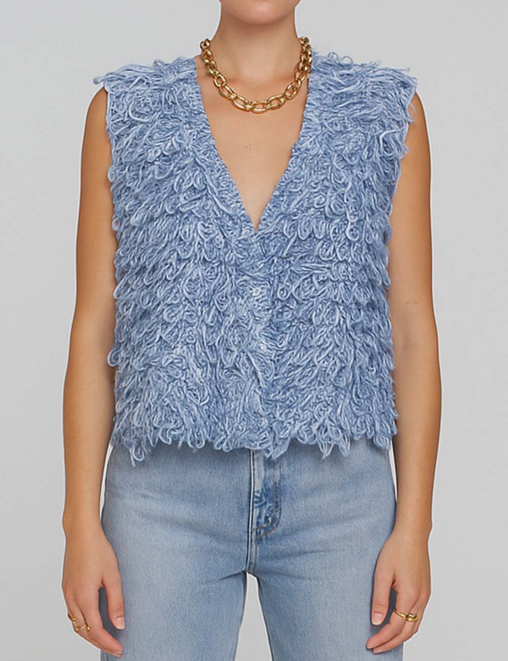 Ladies Loopy Knit V-Neck Button Front Sweater Vest