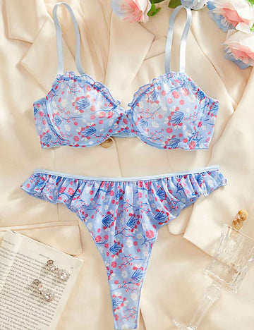 Ladies Sexy Floral Print Ruffle Thong Lingerie Set