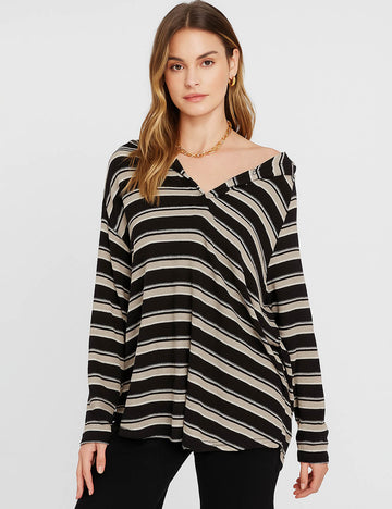 Ladies Off Shoulder Stripe Top Color Block Pullover Blouse