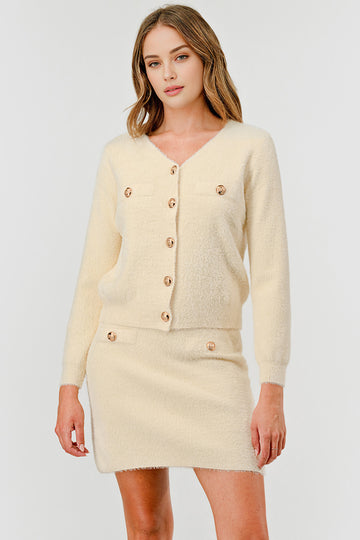 Women V-Neck Ivory Knit Sweater Cardigan & Skirt 2PCS Set