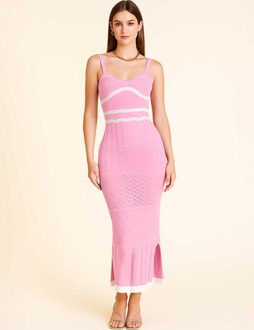 Ladies V-Neck Color Block Side Split Knit Maxi Dress