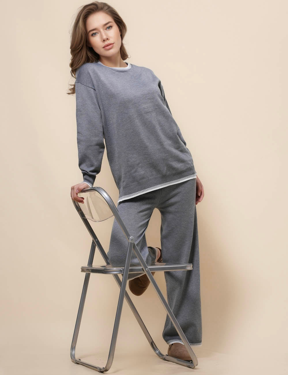 Ladies Color Block Pullover Sweater Pants Knit Set SKST41021