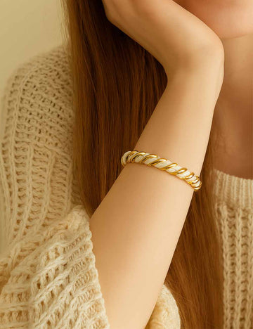 Ladies Elegant Gold and White Twisted Cuff Bangle