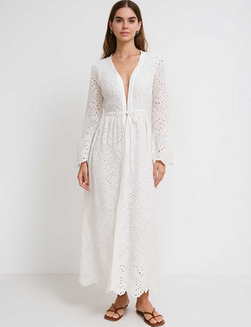 Ladies Embroidery Eyelet Tie Front Flared Sleeves Maxi Dress