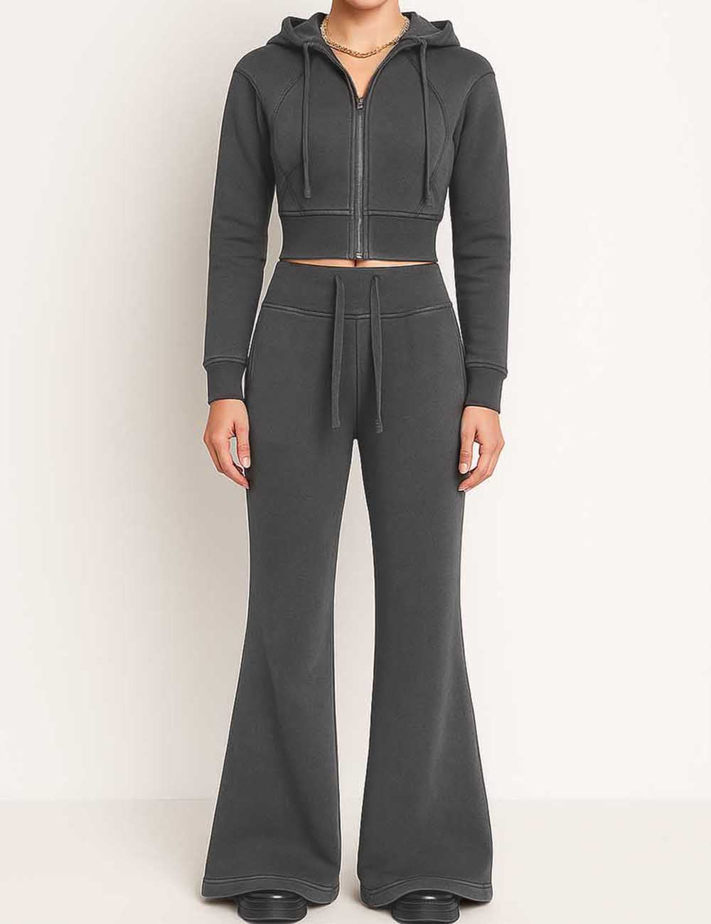 Ladies Hooded Zipper Closure Flared Leg Sweatshirt & Pants Set