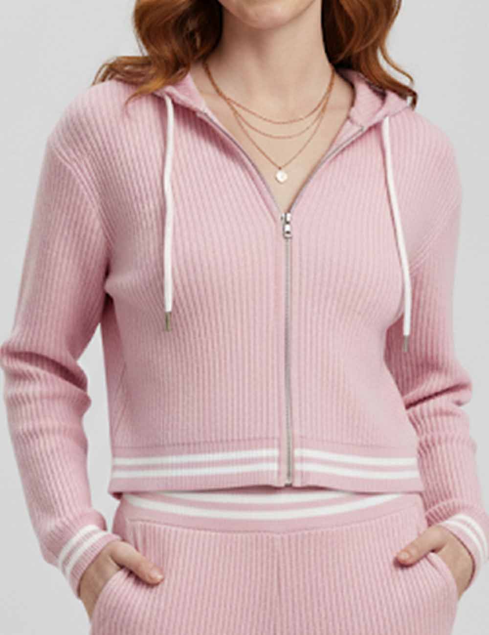 Ladies Striped Color Block Hoodie Zipper Cropped Knit Sweatshirt