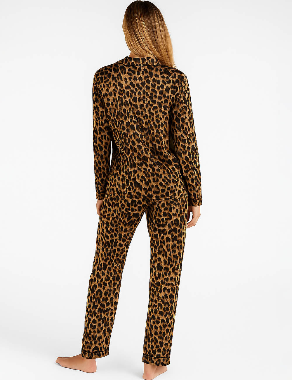 Ladies Satin Leopard Print Lapel Collar Shirt & Pants Lounge Set