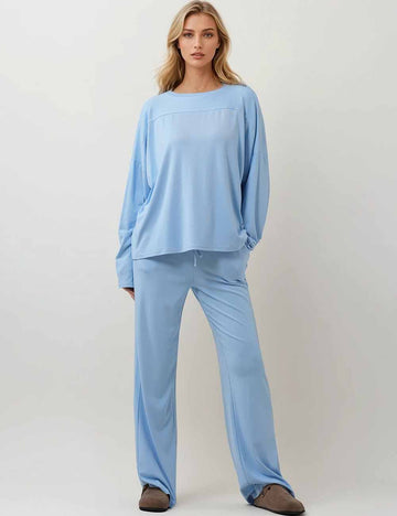 Ladies Round Neck Loungewear Solid Color Long Sleeves Top & Pants Set