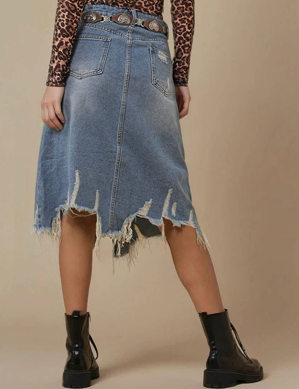 Ladies Front Split High Waist Distressed Denim Midi Skirt SKS6697