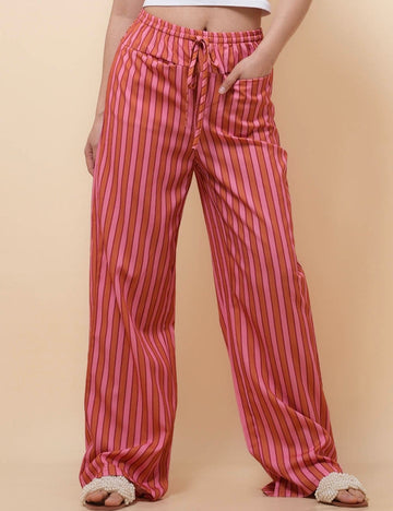 Ladies Stright Leg Striped Print Pockets Pants SKP51067