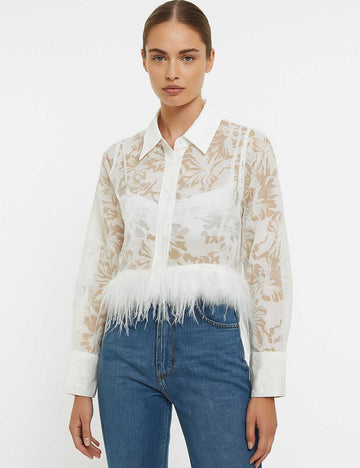 Women Elegant Sheer Floral Blouse with Feather Trim