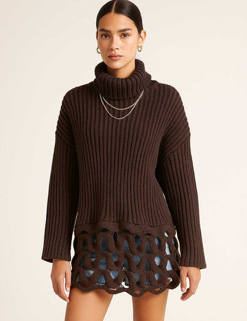 Ladies Ribbed Knit Turtle Neck Crochet Hollow Out Sweater